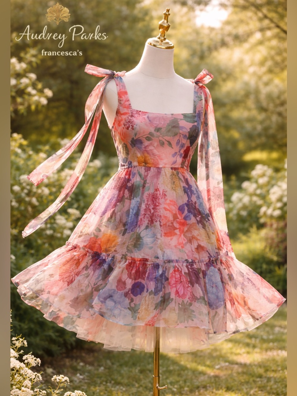 Audrey Parks,Floral-Chiffon,Tie-Shoulder Dress Crinoline Cottagecore Size S